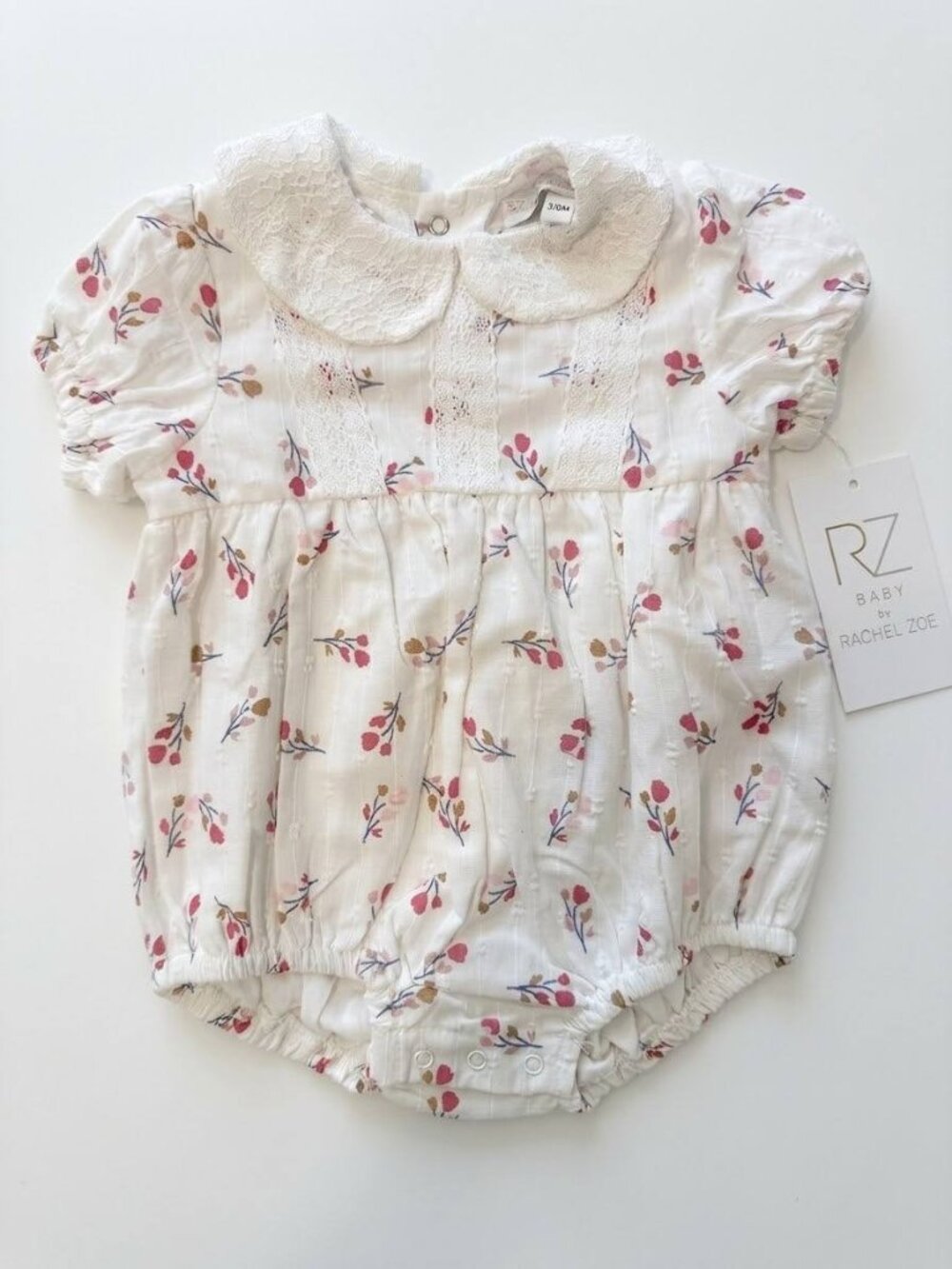 Rachel Zoe RZ Baby Girls 0-3M Bubble Romper Ivory Pink Floral Lace Collar NWT